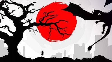 Kızıl ay duvar kağıdıyla samuray. Kızıl Ay. Japon temalı duvar kağıdı. Gece arkaplanındaki bir samurayın silueti. Kılıçlı Japon samuray savaşçısı..