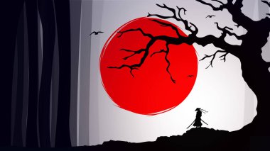 Kızıl ay duvar kağıdıyla samuray. Kızıl Ay. Japon temalı duvar kağıdı. Gece arkaplanındaki bir samurayın silueti. Kılıçlı Japon samuray savaşçısı..