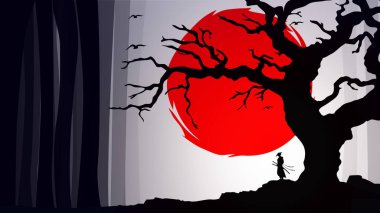 Kızıl ay duvar kağıdıyla samuray. Kızıl Ay. Japon temalı duvar kağıdı. Gece arkaplanındaki bir samurayın silueti. Kılıçlı Japon samuray savaşçısı..