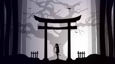 Ağaç duvar kağıtlı samuray. Japon temalı duvar kağıdı. Gece arkaplanındaki bir samurayın silueti. Kılıçlı Japon samuray savaşçısı..