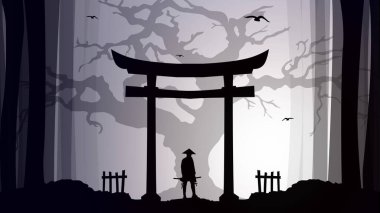 Ağaç duvar kağıtlı samuray. Japon temalı duvar kağıdı. Gece arkaplanındaki bir samurayın silueti. Kılıçlı Japon samuray savaşçısı..