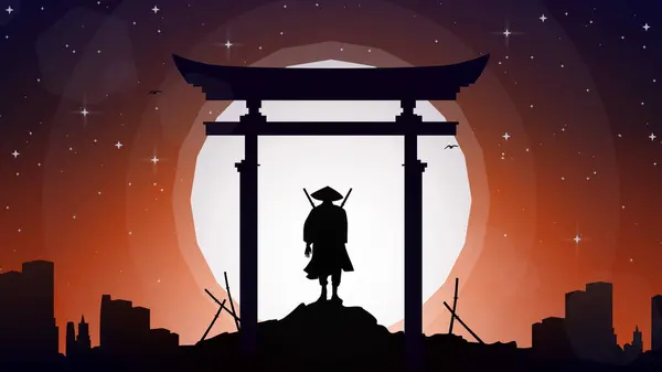 silhouette of a samurai in the night background. Japanese samurai warrior with a sword. Samurai with moon wallpaper. japanese theme wallpaper.