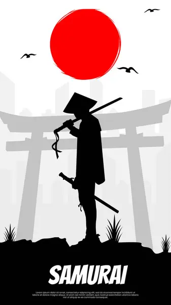 A samurai stands in front of a red moon and the words samurai. Samurai with red moon wallpaper. Japanese samurai warrior with a sword. japanese theme wallpaper. japanese vertical background.
