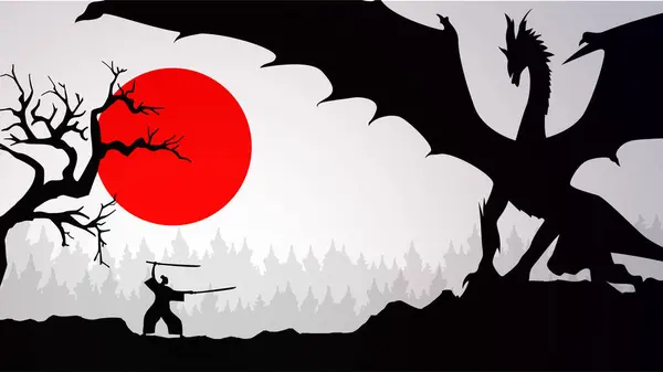 samurai vs dragon. samurai fighting dragon with red moon wallpaper. red moon. knight with swords against dragon. knight with swords fighting dragon. fantasy wallpaper.