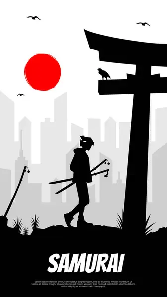 Urban samurai walking and red moon. Samurai with red moon wallpaper. Japanese samurai with a sword and oni mask. samurai theme wallpaper. samurai boy with two swords.