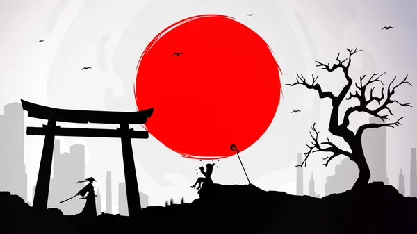 samurai wallpaper in torii gate. samurai versus witch. witch read the book. red moon illustration background. ronin.