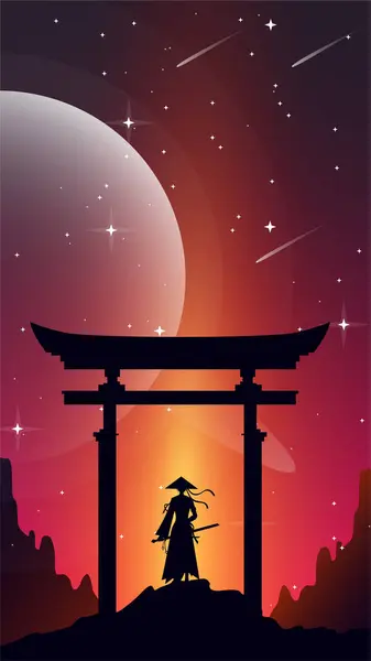 Japanese samurai with torii gate background. Japanese cyberpunk samurai. samurai girl anime wallpaper. landscape fantasy wallpaper. sunset fantasy background. samurai girl illustration.