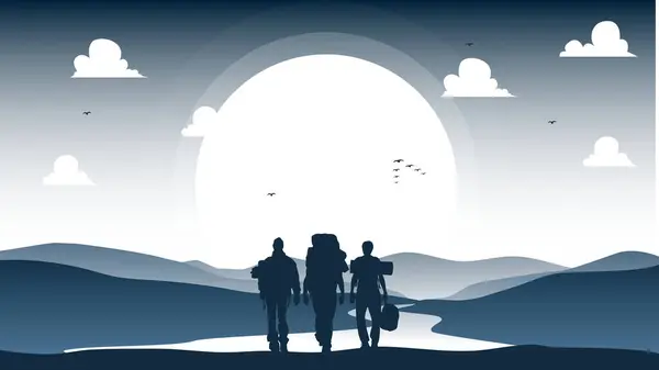 Travelers climb with backpack and travel walking sticks. A Man hiking in the mountains with backpack. person with backpack for hiking silhouette vector.