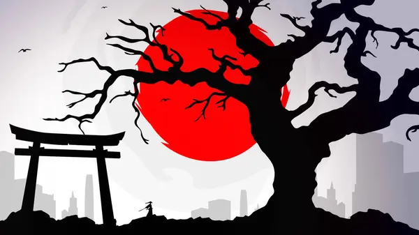 Samurai with red moon wallpaper. red moon. japanese theme wallpaper. silhouette of a samurai in the night background. Japanese samurai warrior with a sword.