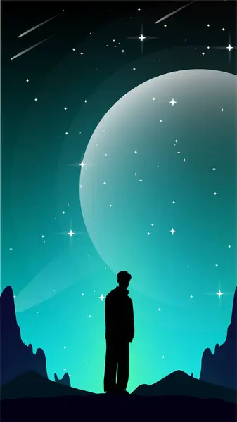 Одинокие Обои Печальный Фон Силуэт Человека Ночи Голубое Небо Ночью — стоковое фото