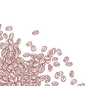 Kahve arka planı. Kahve çekirdekleri çerçevede, sınırda. Beyaz arka planda izole kahve çekirdekleri. Kahve çekirdekleri duvar kağıdı. Kahve Fasulyeleri Paketleme Çizimi.