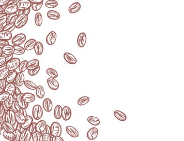 Kahve arka planı. Kahve çekirdekleri çerçevede, sınırda. Beyaz arka planda izole kahve çekirdekleri. Kahve çekirdekleri duvar kağıdı. Kahve Fasulyeleri Paketleme Çizimi.
