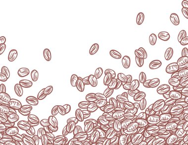 Kahve arka planı. Kahve çekirdekleri çerçevede, sınırda. Beyaz arka planda izole kahve çekirdekleri. Kahve çekirdekleri duvar kağıdı. Kahve Fasulyeleri Paketleme Çizimi.