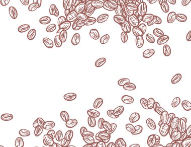 Kahve arka planı. Kahve çekirdekleri çerçevede, sınırda. Beyaz arka planda izole kahve çekirdekleri. Kahve çekirdekleri duvar kağıdı. Kahve Fasulyeleri Paketleme Çizimi.