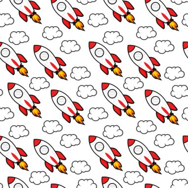 Bir roket ve bulutla kusursuz bir desen. Roket bulutsuz desen. Çizgi filmdeki çocuklar kusursuz bir geçmişe sahipler. uçan roket ve bulutsuz şablon arkaplanı.