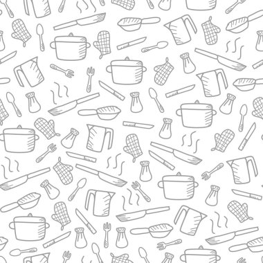 Mutfak gereçleri kusursuz desen arkaplanı. Mutfak kusursuz desenli arka plan. Mutfak seti arkaplanının el çizimleri. Yemek pişirme aletlerinin karalama çizimleri kusursuz desen.