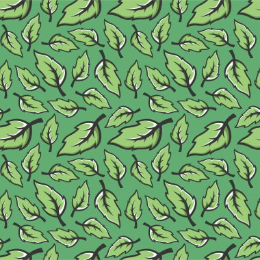 Çizgi film iz bırakır. Yaprak desenli. Kusursuz bir desen çizgi film stili bırakır. Yeşil yapraklar. Çiçek desenli arka plan. Yapraklı doğal desen tasarımı.