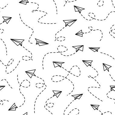 Kağıt uçak pürüzsüz desen. Noktalı iz istikametine sahip kağıttan uçak uçurmak. Kağıt uçaklar model arka plan. Güzergah çizgisi olan kağıt uçak.