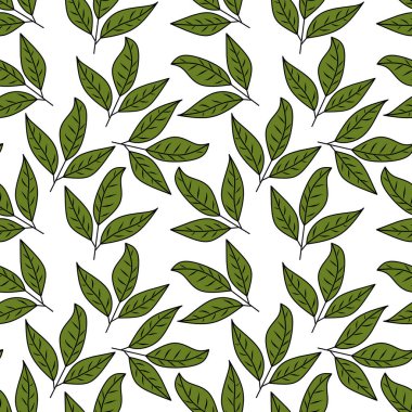 Çay yaprakları desenli. Yeşil, vektör şablonu. Yeşil çay yaprağı pürüzsüz desen. Yeşil çay yapraklı kusursuz desenler..