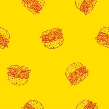 Çizburger desenli arka plan. Fast food hamburgerinin kusursuz arkaplanını karala. Kusursuz hamburger deseni. Çizburgerin kusursuz deseni. Hamburger deseni.