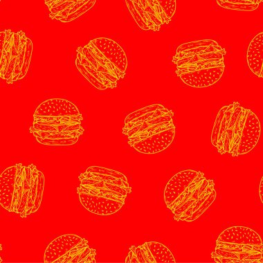 Çizburger desenli arka plan. Fast food hamburgerinin kusursuz arkaplanını karala. Kusursuz hamburger deseni. Çizburgerin kusursuz deseni. Hamburger deseni.