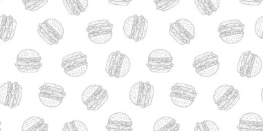 Çizburger desenli arka plan. Fast food hamburgerinin kusursuz arkaplanını karala. Kusursuz hamburger deseni. Çizburgerin kusursuz deseni. Hamburger deseni.
