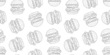 Çizburger desenli arka plan. Fast food hamburgerinin kusursuz arkaplanını karala. Kusursuz hamburger deseni. Çizburgerin kusursuz deseni. Hamburger deseni.
