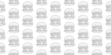 Çizburger desenli arka plan. Fast food hamburgerinin kusursuz arkaplanını karala. Kusursuz hamburger deseni. Çizburgerin kusursuz deseni. Hamburger deseni.