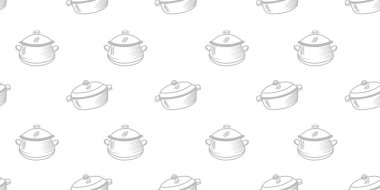 Mutfak gereçleri kusursuz desen arkaplanı. Mutfak kusursuz desenli arka plan. Mutfak seti arkaplanının el çizimleri. Yemek pişirme aletlerinin karalama çizimleri.