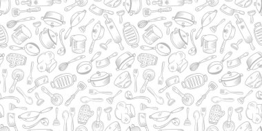 Mutfak gereçleri kusursuz desen arkaplanı. Mutfak kusursuz desenli arka plan. Mutfak seti arkaplanının el çizimleri. Yemek pişirme aletlerinin karalama çizimleri.