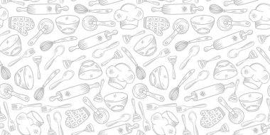 Mutfak gereçleri kusursuz desen arkaplanı. Mutfak kusursuz desenli arka plan. Mutfak seti arkaplanının el çizimleri. Yemek pişirme aletlerinin karalama çizimleri.