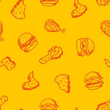Kızarmış tavuk pürüzsüz arka plan. Kızarmış tavuk desenli karalama. Kızarmış tavuk karalaması. Fast food geçmişi. Tavuk bacağı deseni. Tavuk kanadı deseni. Hamburger deseni.