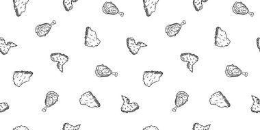 Kızarmış tavuk pürüzsüz arka plan. Kızarmış tavuk desenli karalama. Kızarmış tavuk karalaması. Fast food geçmişi. Tavuk bacağı deseni. Tavuk kanadı deseni. Hamburger deseni.