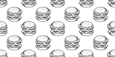 Çizburger desenli arka plan. Fast food hamburgerinin kusursuz arkaplanını karala. Çizik şeklinde kusursuz bir hamburger deseni. Çizburgerin ya da hamburgerin kusursuz deseni. Hamburger deseni.