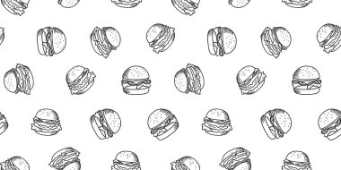 Çizburger desenli arka plan. Fast food hamburgerinin kusursuz arkaplanını karala. Çizik şeklinde kusursuz bir hamburger deseni. Çizburgerin ya da hamburgerin kusursuz deseni. Hamburger deseni.