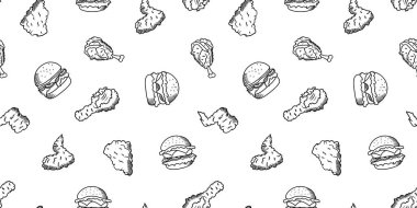 Kızarmış tavuk pürüzsüz arka plan. Kızarmış tavuk desenli karalama. Kızarmış tavuk karalaması. Fast food geçmişi. Tavuk bacağı deseni. Tavuk kanadı deseni. Hamburger deseni.