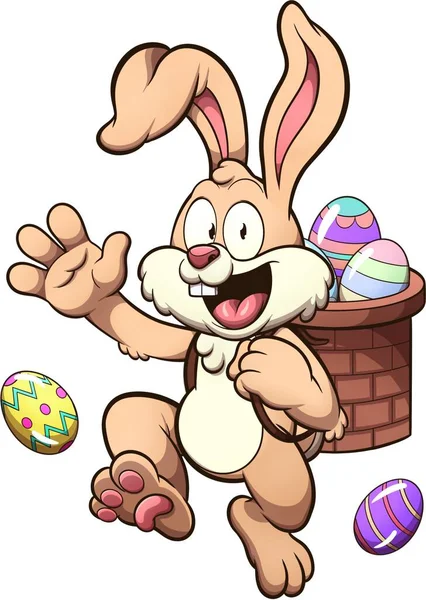 Hopping Easter Bunny Basket Full Easter Eggs Back Illustration Simple — Stock Photo, Image