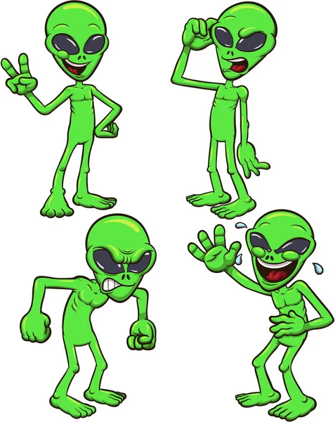 Green Alien Different Poses Expressions Vector Clip Art Illustration Simple — Stock Vector