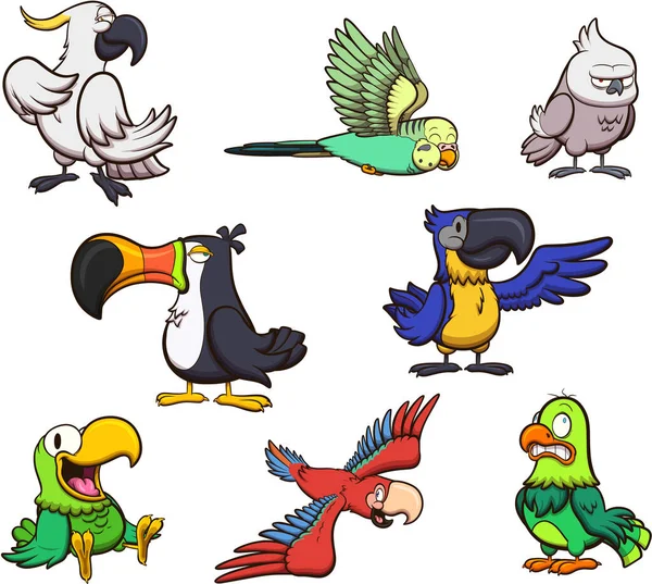 Uccelli Tropicali Del Fumetto Illustrazione Vettoriale Con Pendenze Semplici Tutto — Vettoriale Stock