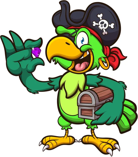 Papagaio Pirata Dos Desenhos Animados Com Tesouro Ilustração Vetorial Com — Vetor de Stock