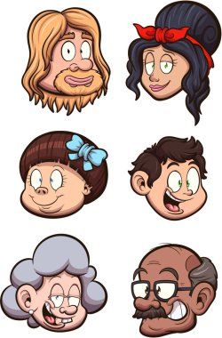 Çizgi film karakteri kafaları. Basit gradyanlı vektör illüstrasyonu.