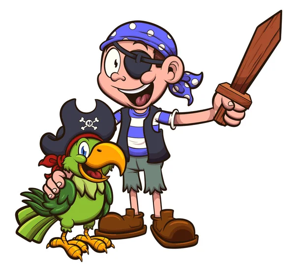 Pirate Kid Parrot Vector Illustration Simple Gradients — Stock Vector