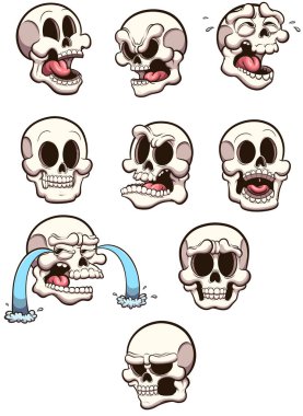 Farklı ifadeli karikatür kafatasları. Basit gradyanlı vektör illüstrasyonu.