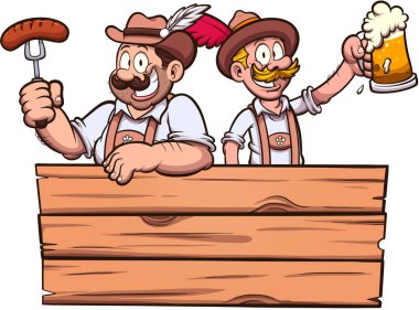 Geleneksel Giysiler İçinde Bira ve Sosisli Bavyeralı Adamlar. Basit gradyanlı vektör illüstrasyonu.