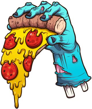 Çizgi film Zombi Eli Tutma Pizzası. Basit gradyanlı vektör illüstrasyonu.
