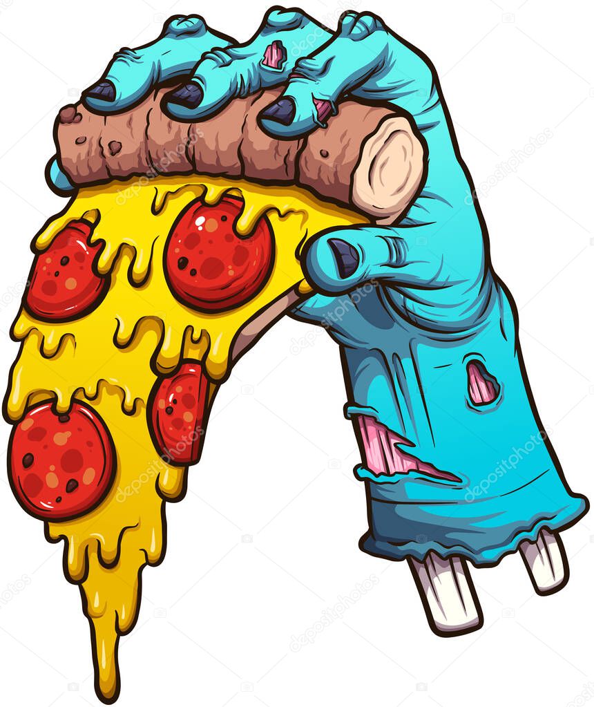 Cartoon Zombie Hand Holding Pizza Slice. Vector illustration with simple gradients.