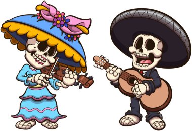 Meksikalı Mariachi ve Catrina Skeleton. Basit gradyanlı vektör klipsi çizimi.