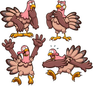 Farklı pozları ve ifadeleri olan hindi çizgi filmi. Basit gradyanlı vektör illüstrasyonu.