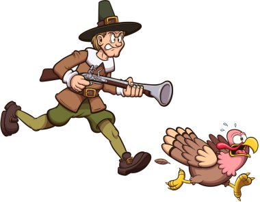 Çizgi film Pilgrim Hunting Turkey. Basit gradyanlı vektör illüstrasyonu.