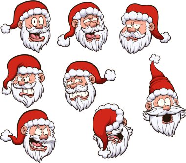 Çizgi film Noel Baba Yüzleri. Basit gradyanlı vektör illüstrasyonu.